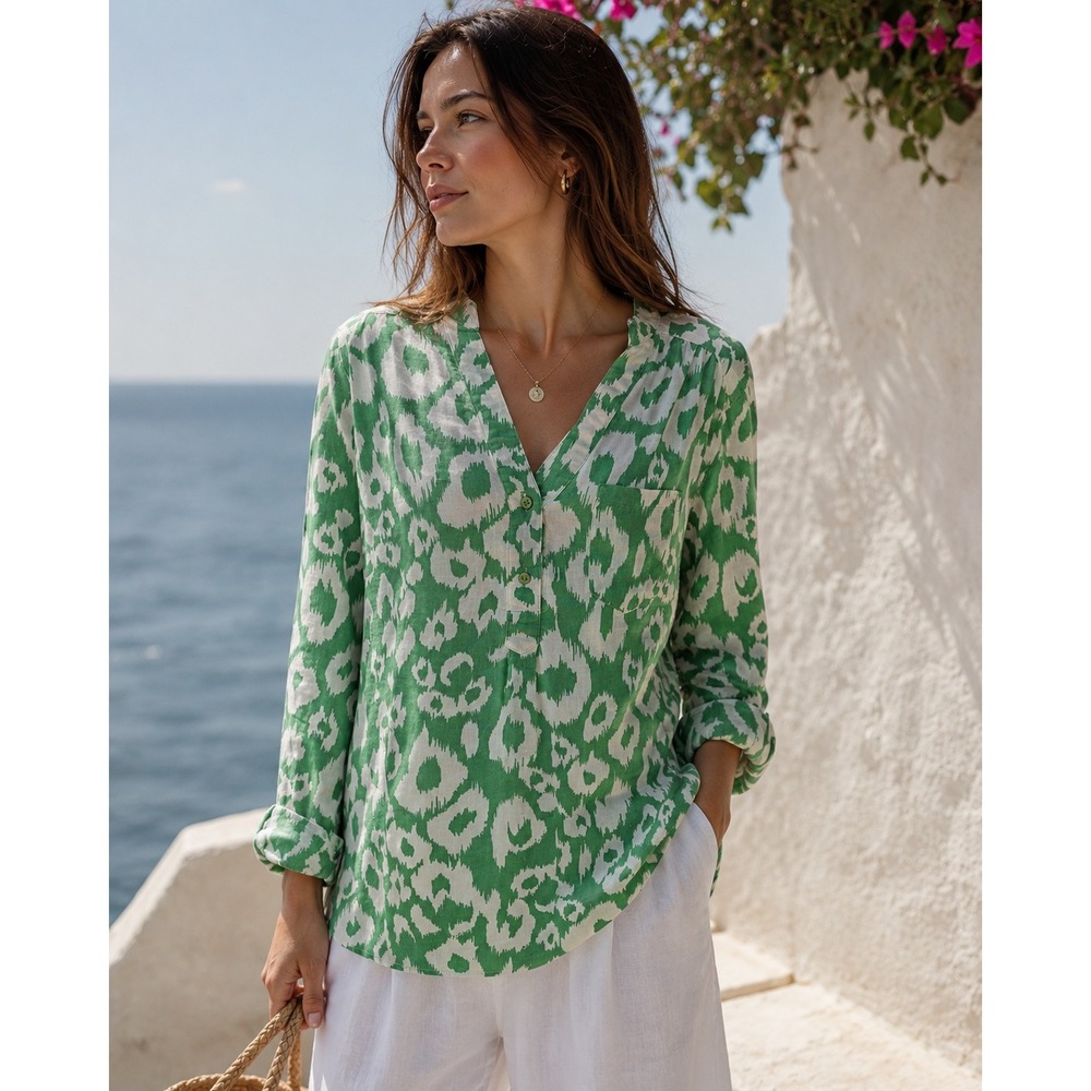 Allison Taylor womens Green White Ikat Linen Tunic Shirt M Resortwear Boho